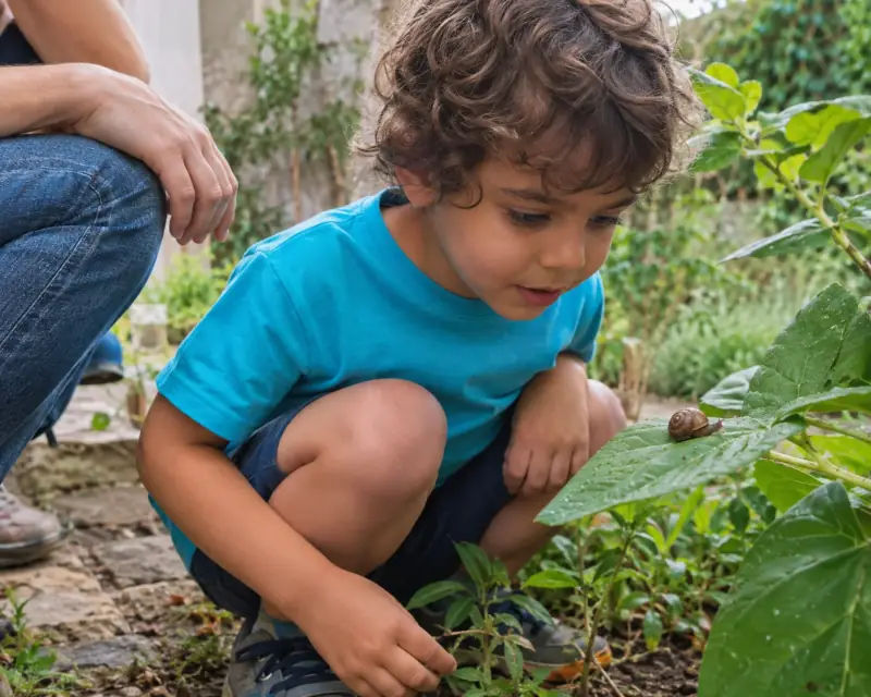 Un niño observa un caracol sobre una hoja mientras un adulto permanece cerca.