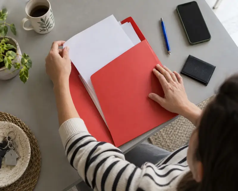 Una persona organiza documentos en una carpeta roja junto a un bolígrafo y un teléfono.