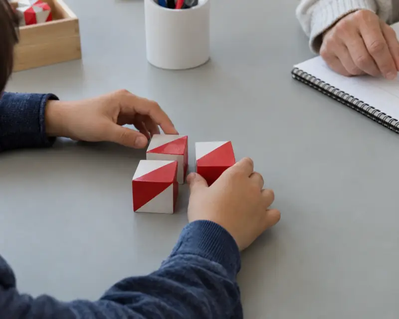 Manos de un niño ordenan cubos rojos y blancos junto al cuaderno de una adulta.