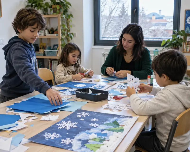 Tres niños realizan manualidades de invierno con papel junto a una adulta.