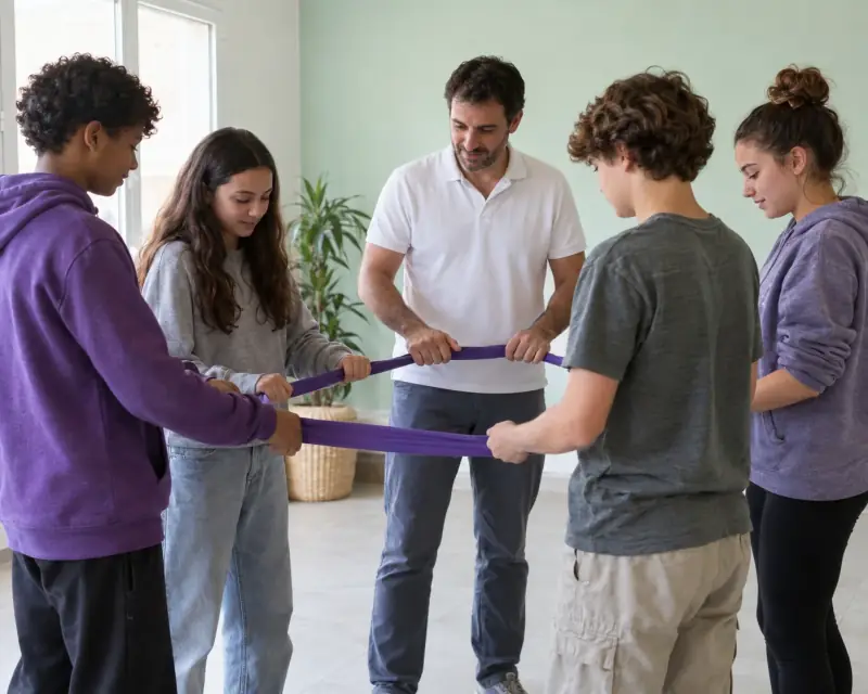 Cuatro adolescentes y un adulto sostienen juntos una banda de tela en una actividad de grupo.