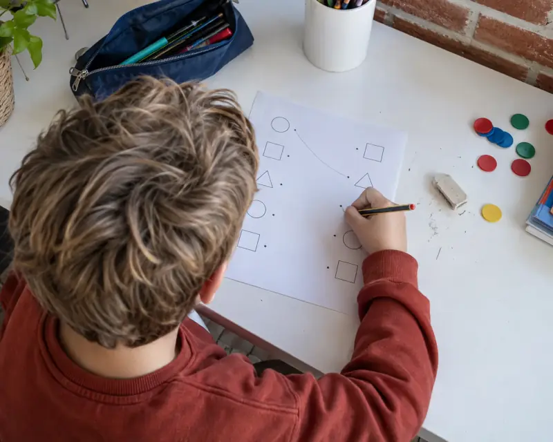 Un niño realiza un ejercicio de figuras geométricas con lápiz y fichas de colores.