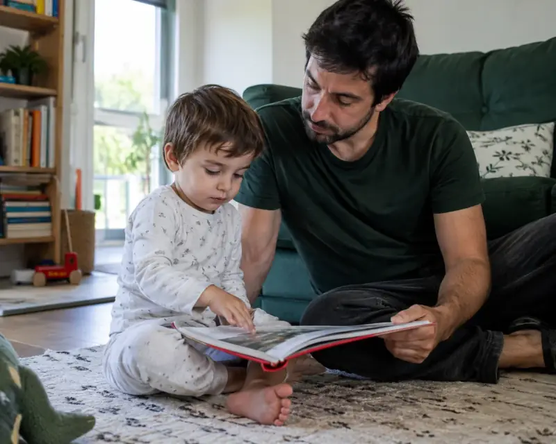 Un padre y su hijo pequeño miran juntos un libro sentados en el suelo de casa.