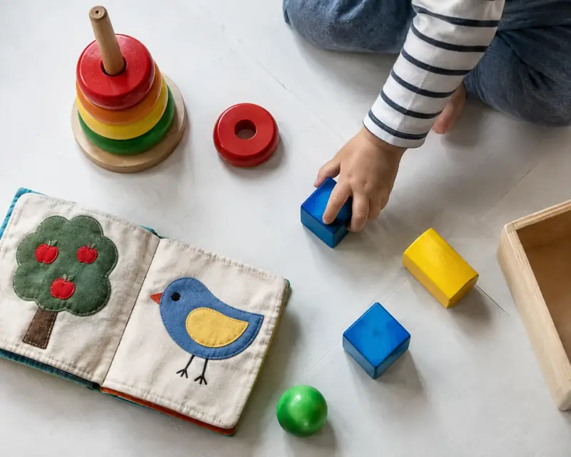 Una mano infantil elige un bloque azul junto a un libro de tela y juguetes de colores.