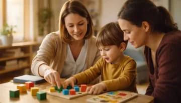 Psicóloga infantil ayudando a una familia a elegir juguetes que favorecen el desarrollo infantil