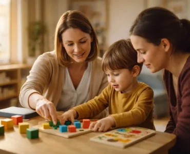 Psicóloga infantil ayudando a una familia a elegir juguetes que favorecen el desarrollo infantil