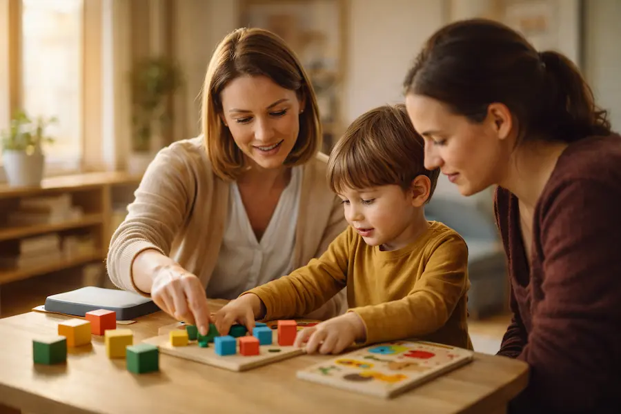 Psicóloga infantil ayudando a una familia a elegir juguetes que favorecen el desarrollo infantil