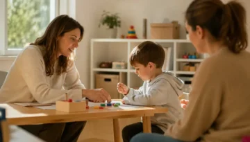 Psicóloga infantil trabajando con un niño en terapia individual antes de la escolarización en horario de mañana.