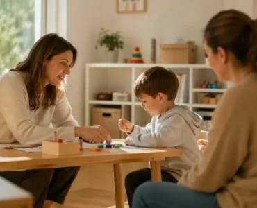 Psicóloga infantil trabajando con un niño en terapia individual antes de la escolarización en horario de mañana.
