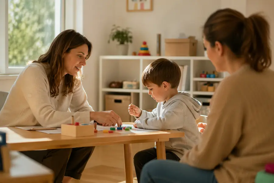 Psicóloga infantil trabajando con un niño en terapia individual antes de la escolarización en horario de mañana.