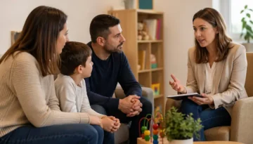 Psicóloga infantil realizando una sesión de orientación familiar con padres y un niño pequeño en consulta.