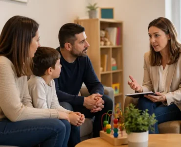 Psicóloga infantil realizando una sesión de orientación familiar con padres y un niño pequeño en consulta.