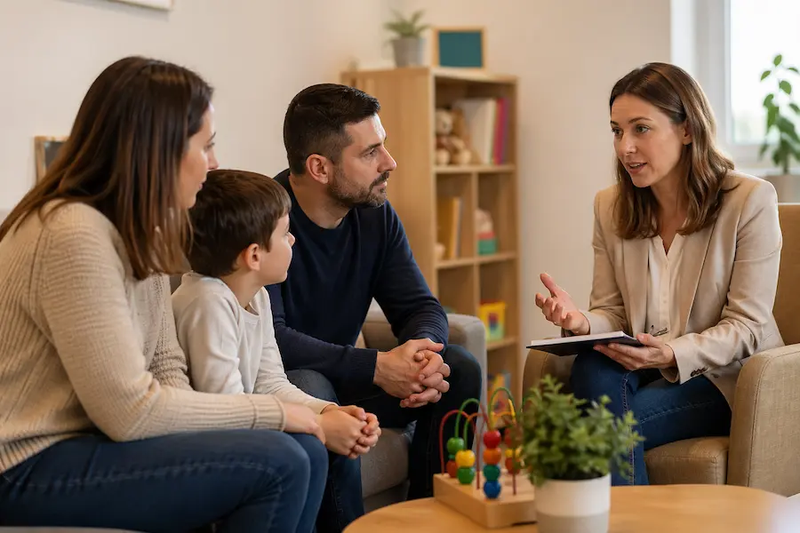 Psicóloga infantil realizando una sesión de orientación familiar con padres y un niño pequeño en consulta.