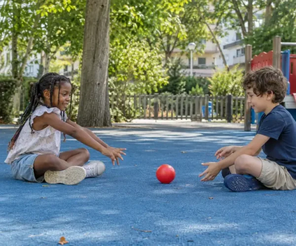 Dos niños sentados frente a frente se pasan una pelota roja en un parque.
