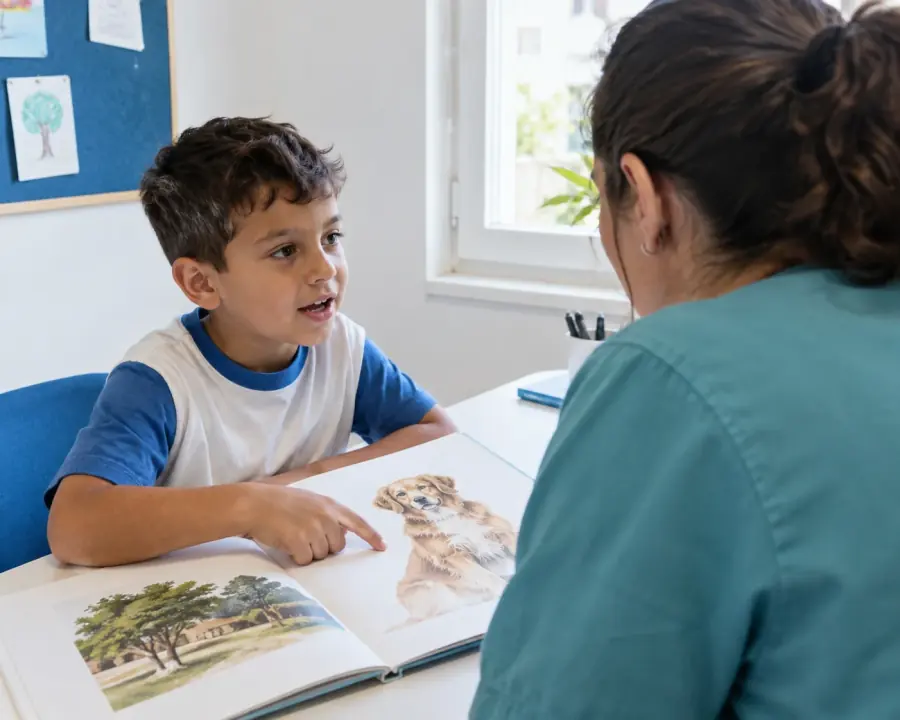 Un niño señala una ilustración de un perro mientras conversa con una adulta.