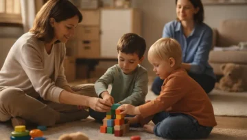 psicóloga infantil facilitando juego compartido entre dos niños en una sesión terapéutica con una madre observando de fondo
