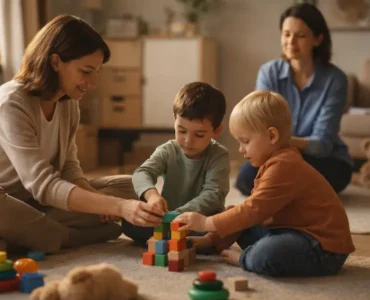 psicóloga infantil facilitando juego compartido entre dos niños en una sesión terapéutica con una madre observando de fondo