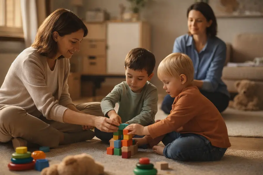 psicóloga infantil facilitando juego compartido entre dos niños en una sesión terapéutica con una madre observando de fondo