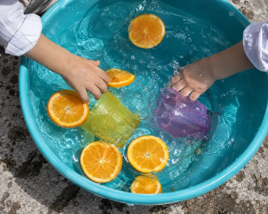 Manos infantiles juegan con vasos y rodajas de naranja en un recipiente con agua.