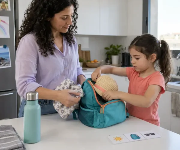 Una niña prepara una mochila con una adulta junto a una secuencia de imágenes.