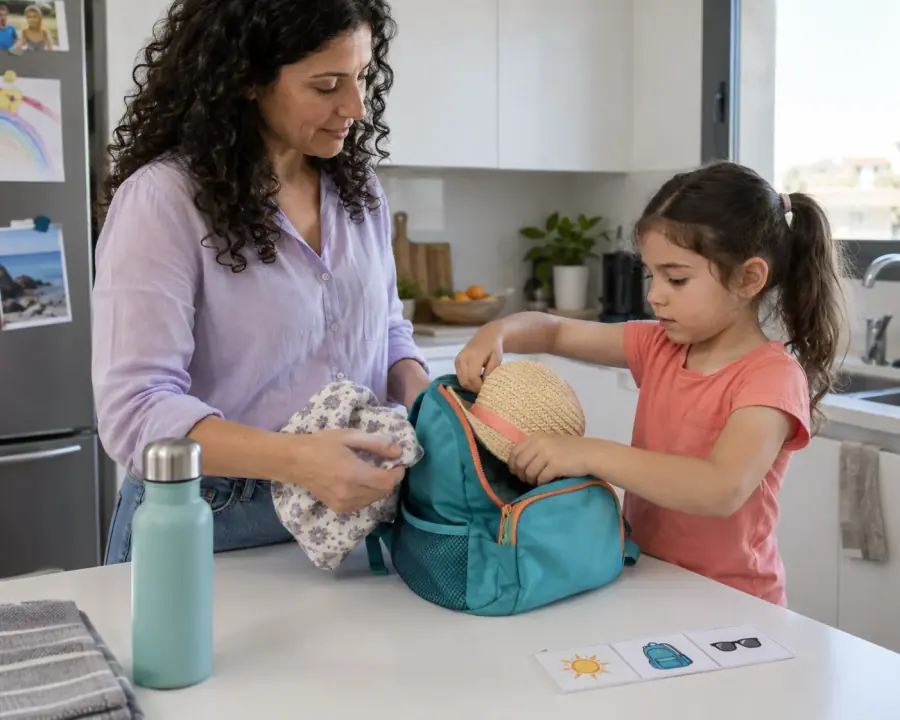 Una niña prepara una mochila con una adulta junto a una secuencia de imágenes.