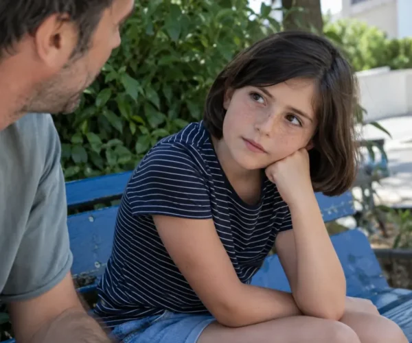 Niña pensativa conversa con su padre sentada en un banco azul al aire libre.