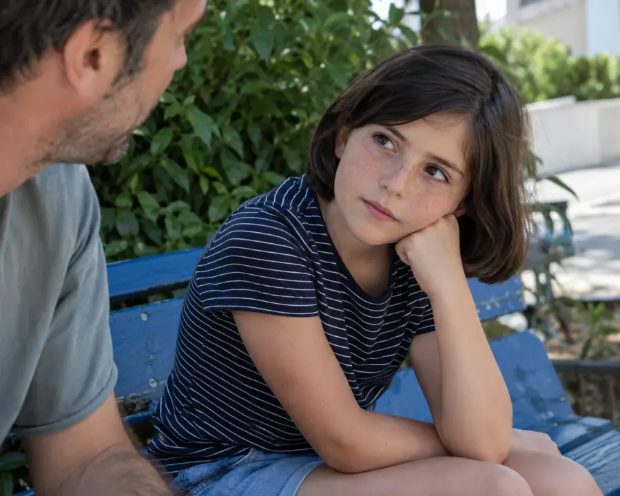 Niña pensativa conversa con su padre sentada en un banco azul al aire libre.
