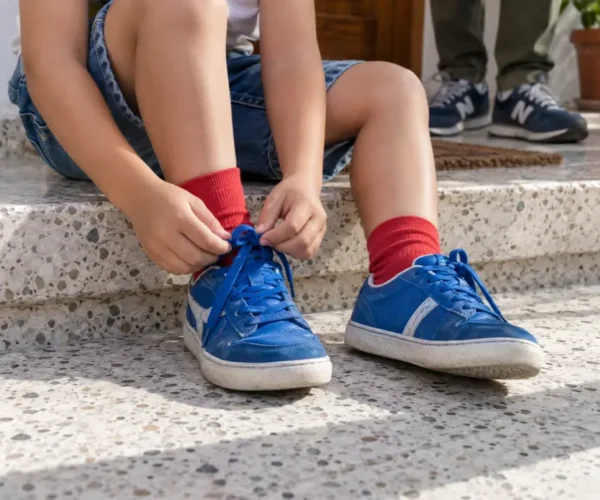 Manos de un niño atando los cordones de sus zapatillas azules mientras un adulto espera cerca.