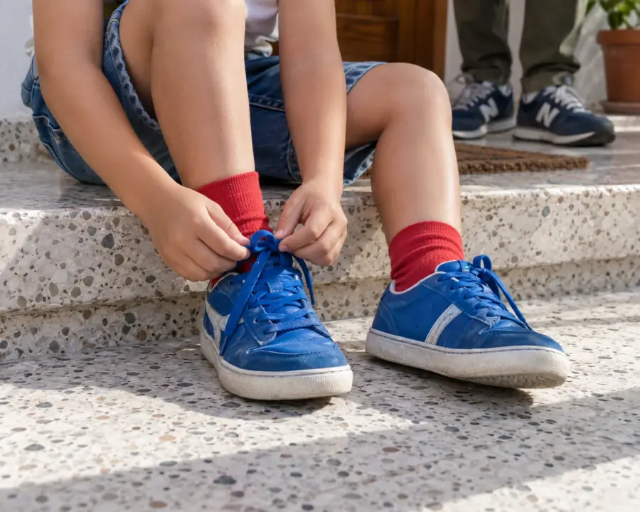 Manos de un niño atando los cordones de sus zapatillas azules mientras un adulto espera cerca.