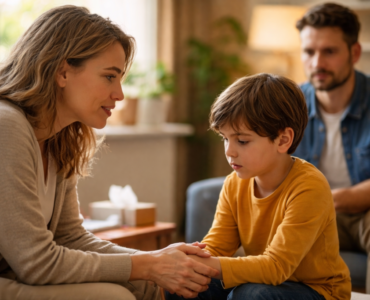Niño expresando sus emociones acompañado por un adulto