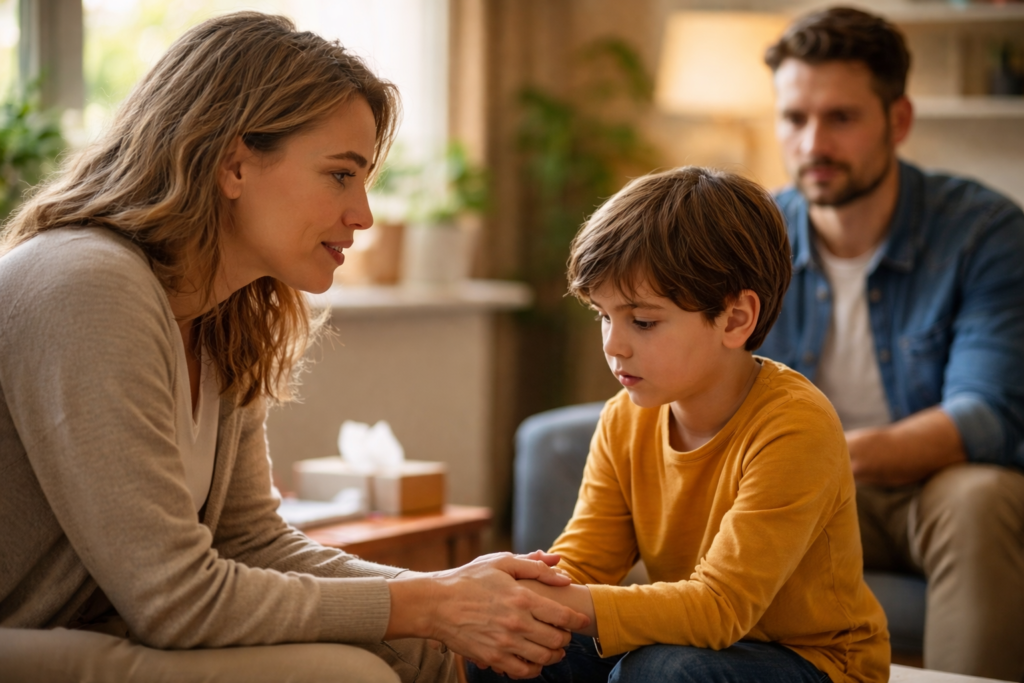 Niño expresando sus emociones acompañado por un adulto