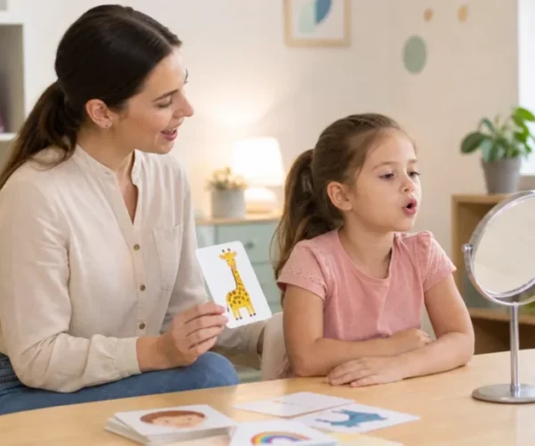 Niña en una sesión de logopedia infantil junto a una profesional