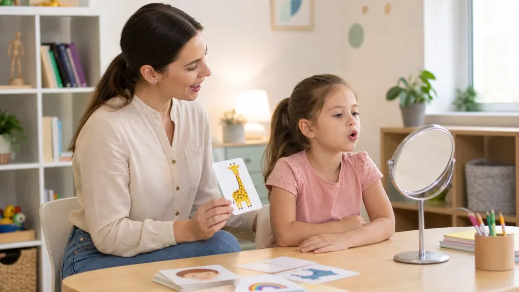 Niña en una sesión de logopedia infantil junto a una profesional