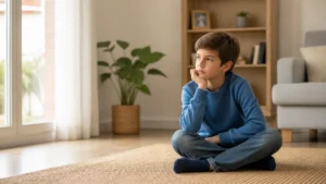 Niño sentado en casa mientras un adulto le acompaña, imagen sobre trastornos severos de conducta infantil
