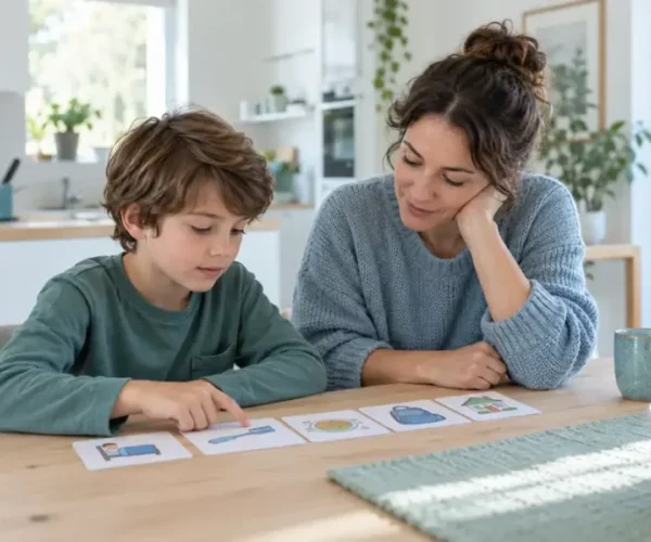 Madre y su hijo revisan apoyos visuales durante una rutina en casa.