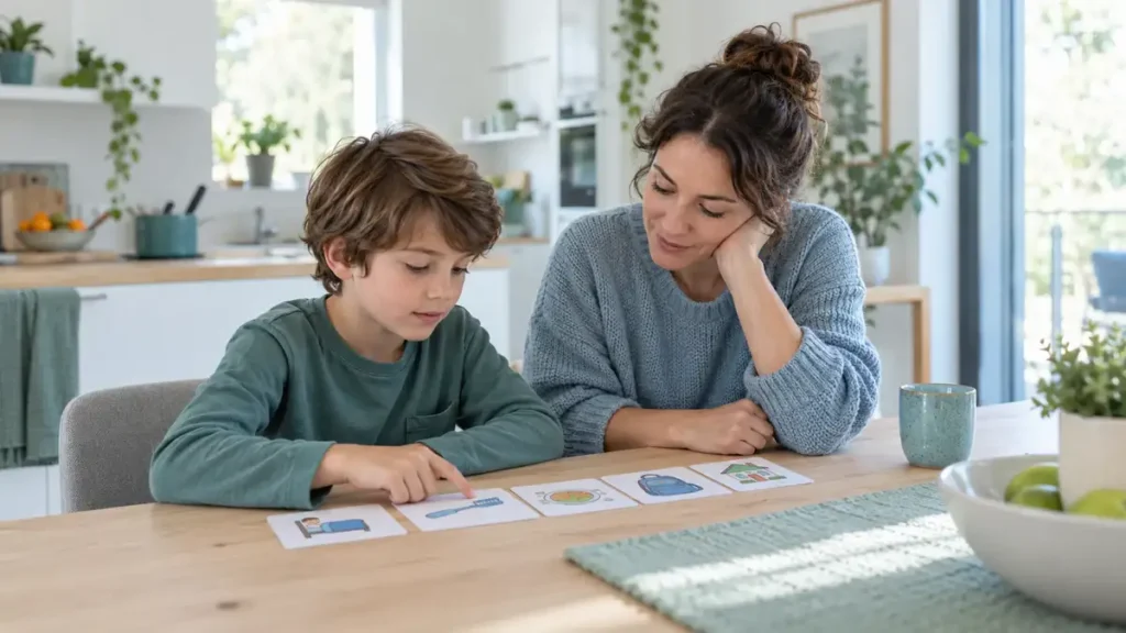 Madre y su hijo revisan apoyos visuales durante una rutina en casa.