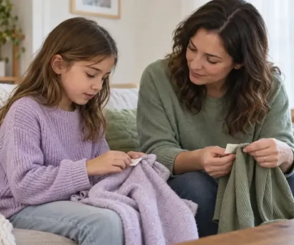 Una madre y su hija exploran la textura de varias prendas en una situación cotidiana
