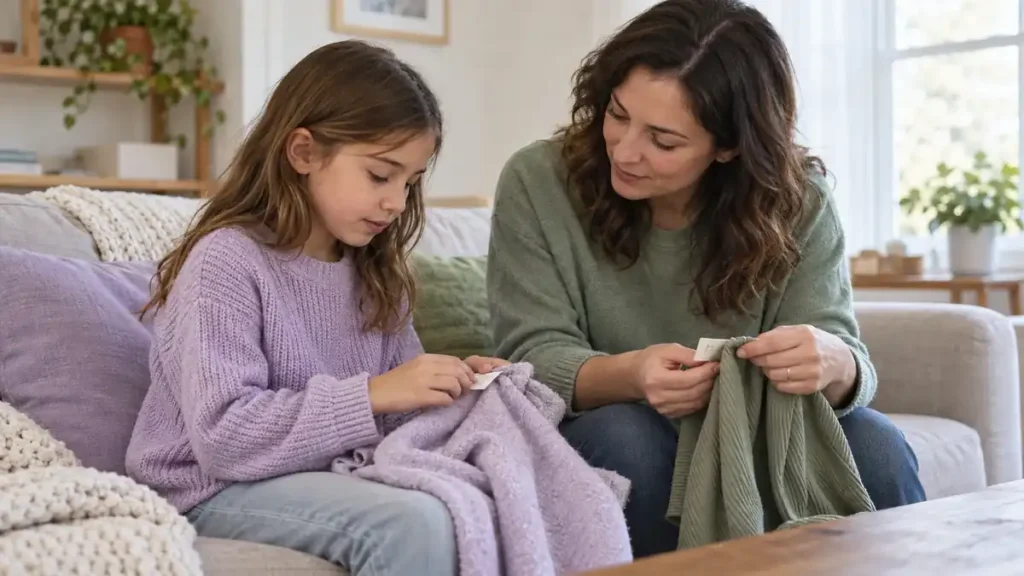 Una madre y su hija exploran la textura de varias prendas en una situación cotidiana