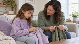 Una madre y su hija exploran la textura de varias prendas en una situación cotidiana